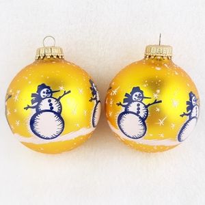 Vintage Krebs Snowman Glass Ball Ornament Gold Blue Set of 2